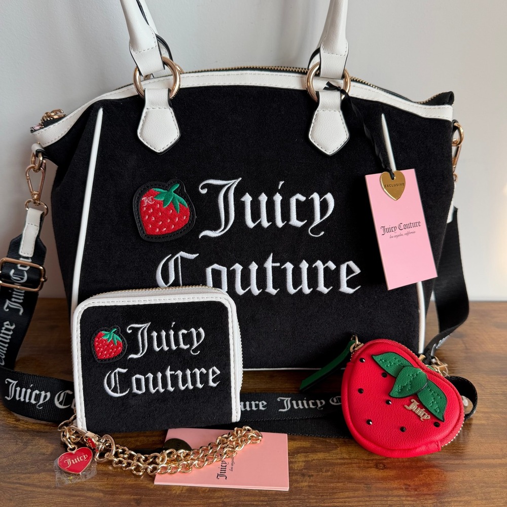 New Juicy Couture Sweet Juicy Strawberry Black White Tote Handbag Wallet Set Y2K
